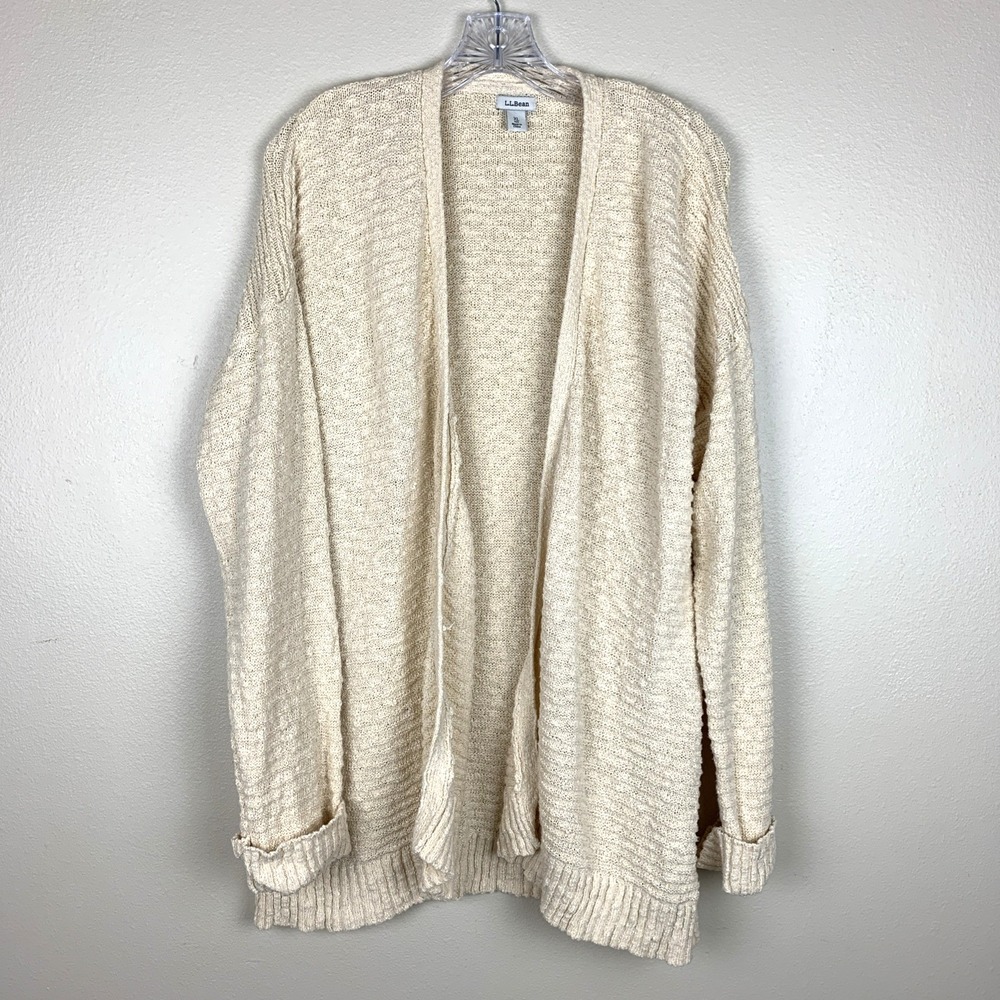 LL Bean Womens Cardigan Sweater Slub Knit Size XL Open Front Cream Coastal Boho